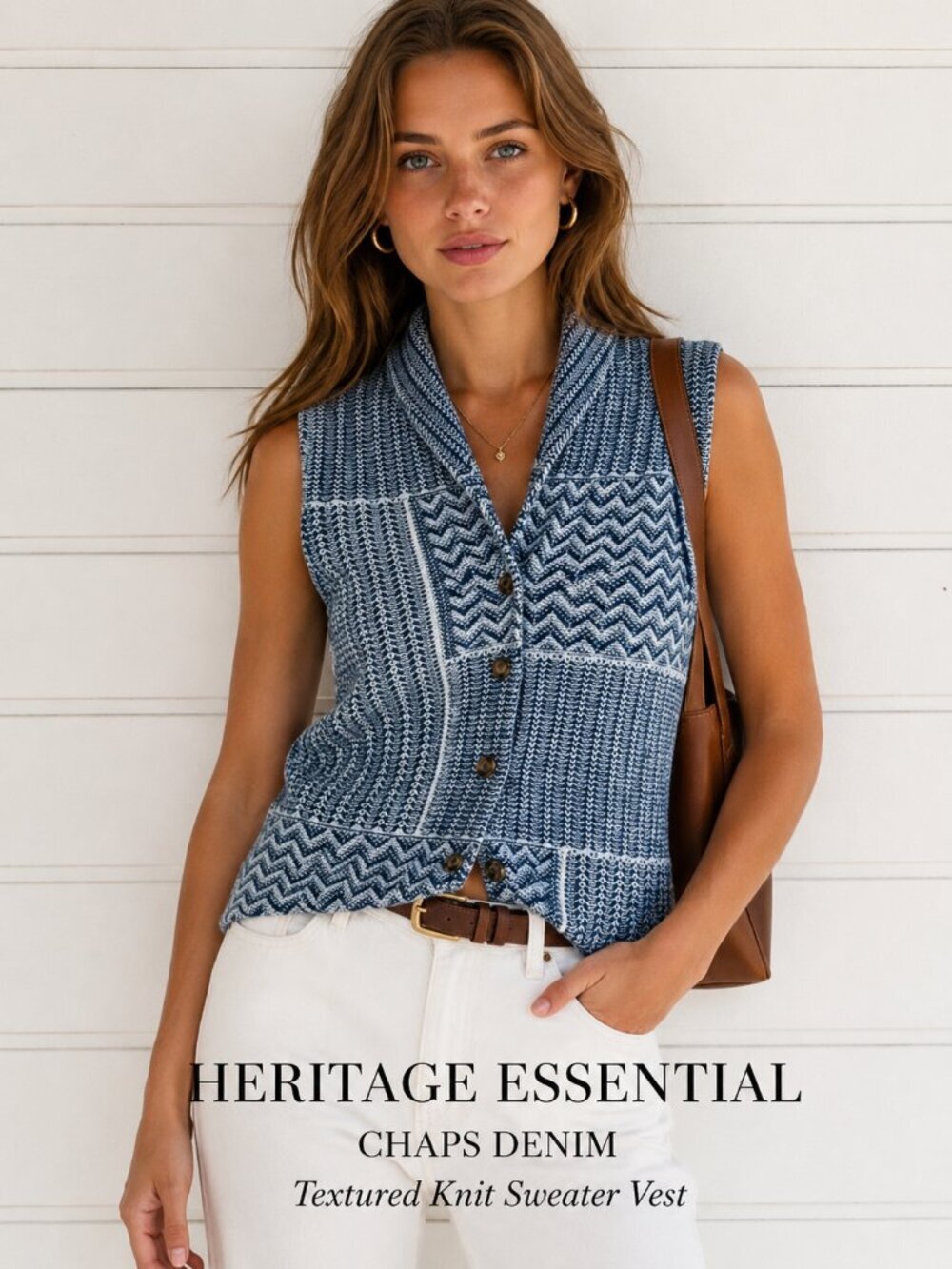 Chaps Denim Sweater Vest Blue White Textured Button Front Cottagecore
